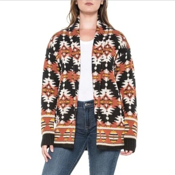 Lucky Brand Size L Multicolor Aztec Inspired Open Front Knit Cardigan Sweater - Picture 1 of 16